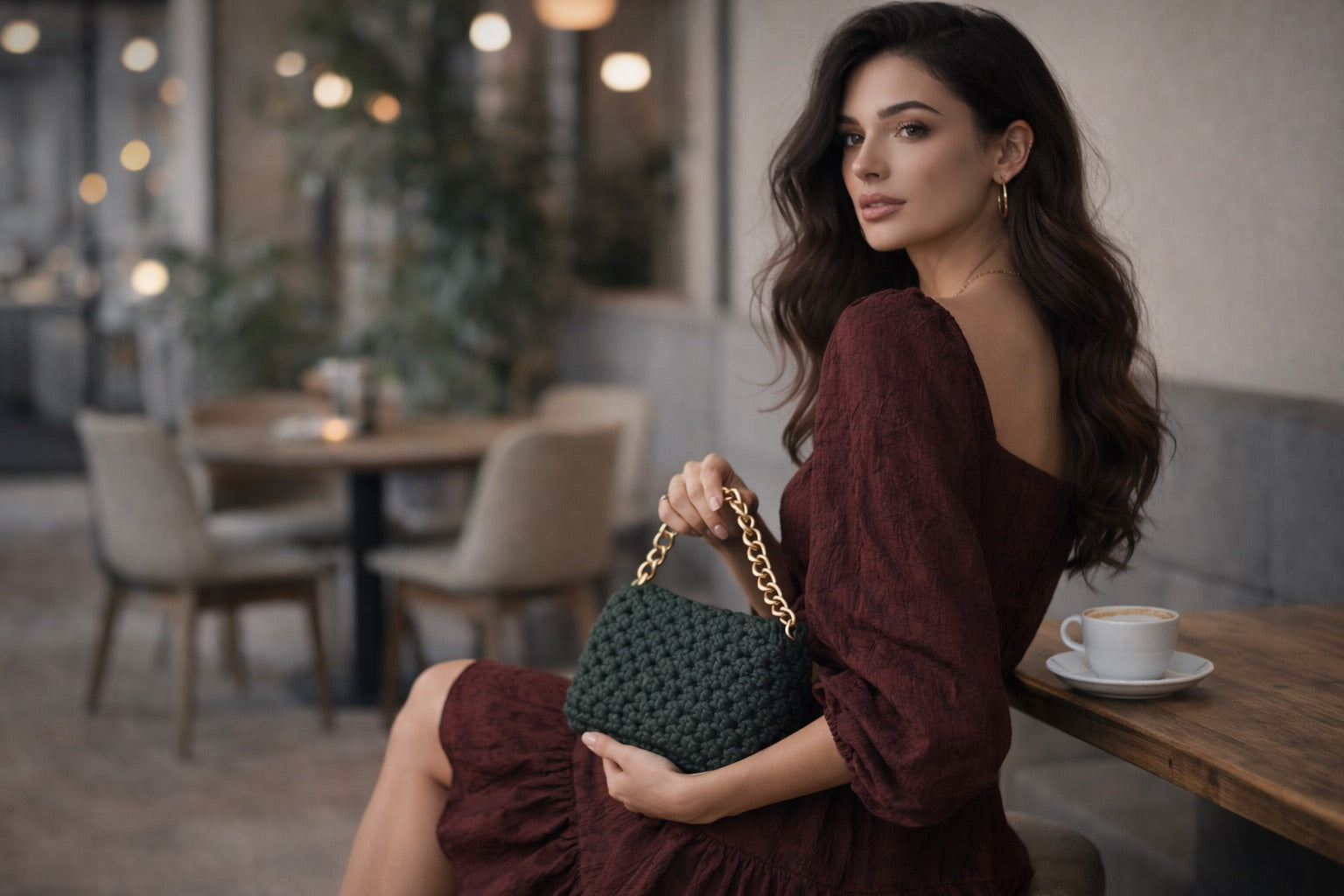 Mujer elegante con bolso crochet en café