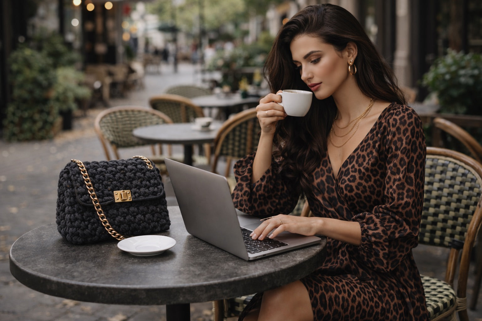 Mujer trabajando en café al aire libre