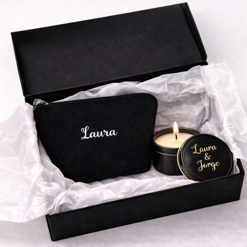 Pack Personal Touch · Neceser lona personalizado con fondo + Vela personalizada cera de soja